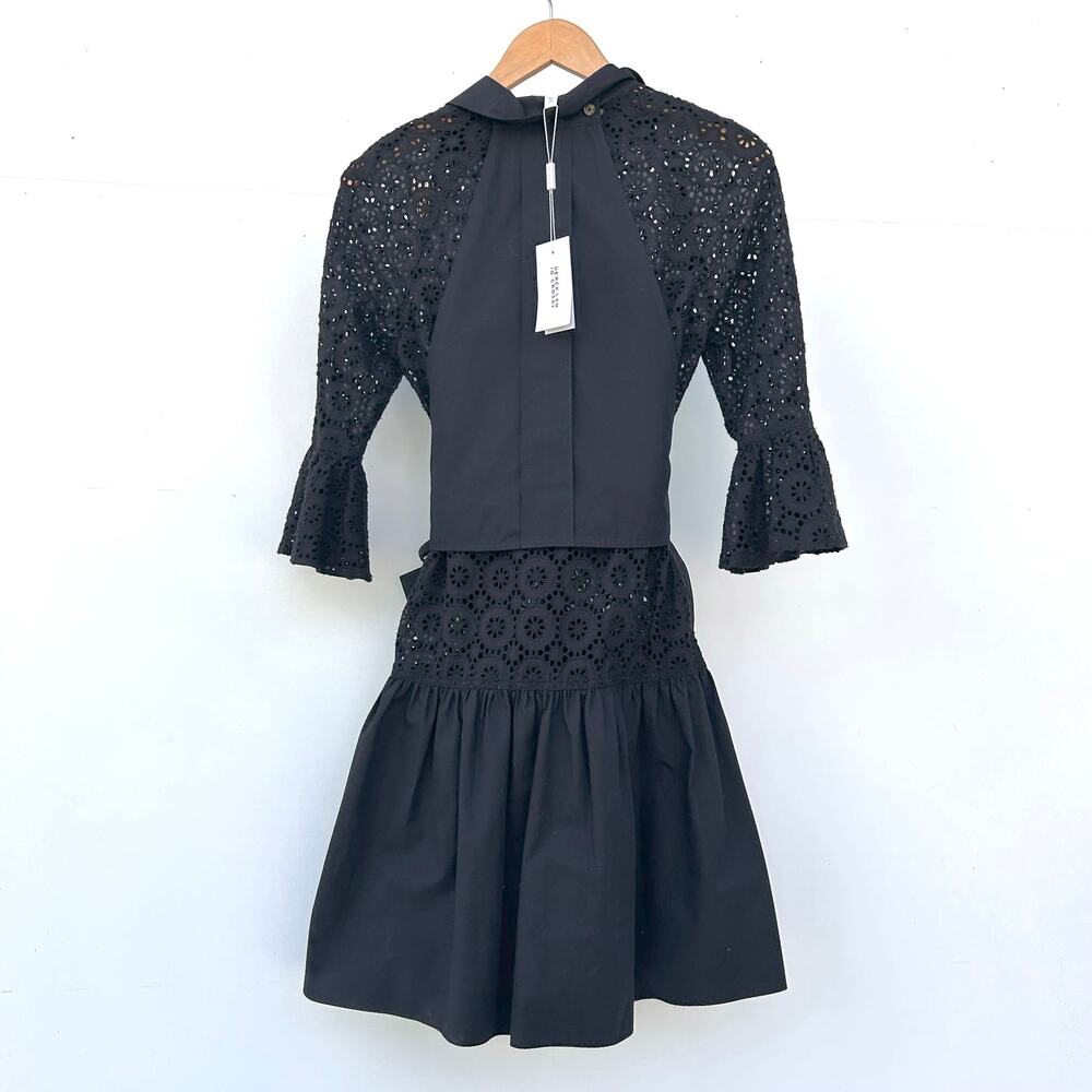 New Derek Lam 10 Crosby Black Eyelet Lace Belted Mini Dress Small 2 Chic - Picture 4 of 11